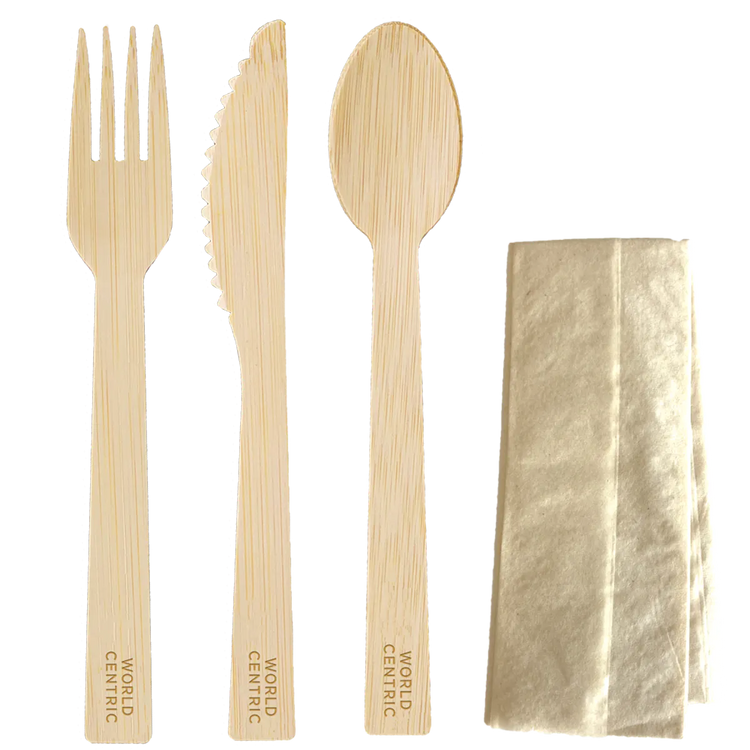 6.7" Bamboo Cutlery Set | Fork/Knife/Spoon/Napkin (125 Pack) $0.57 each